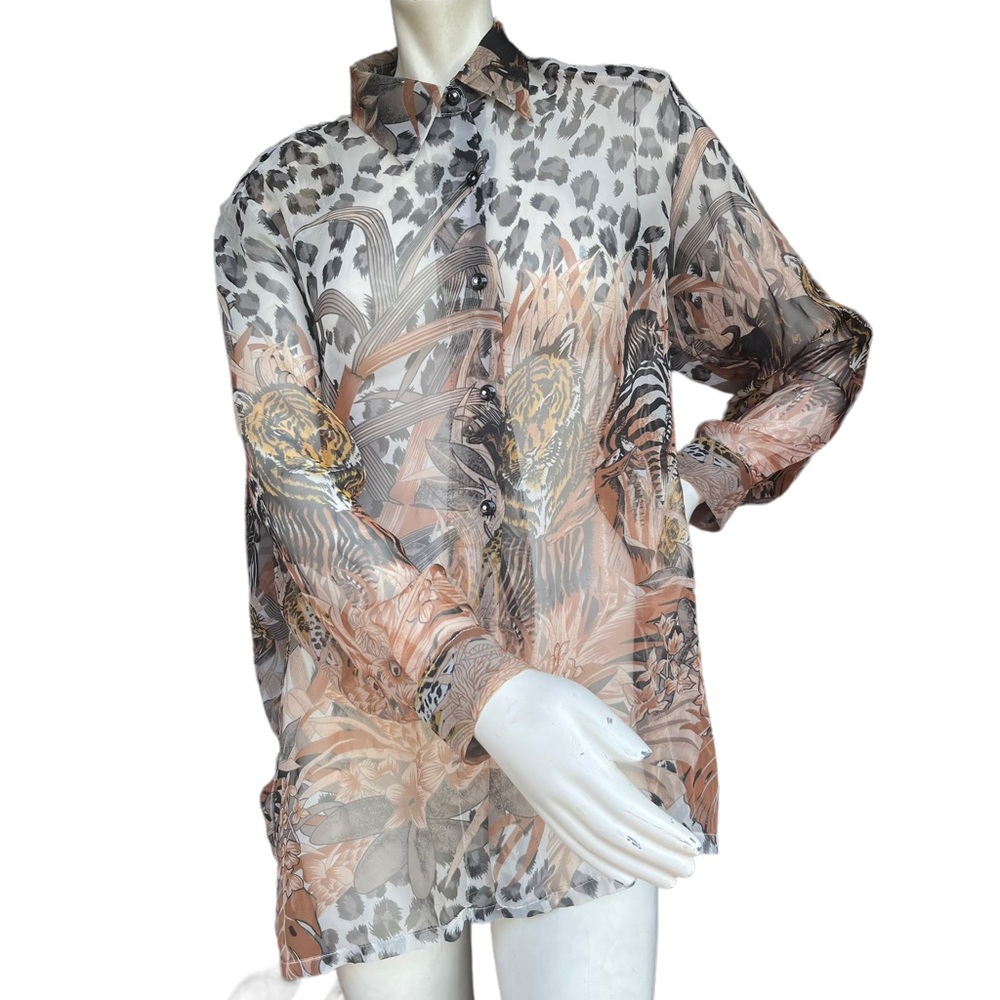 Vintage Cache Oversized Sheer Leopard and Tiger Print Blouse | Size: Small
